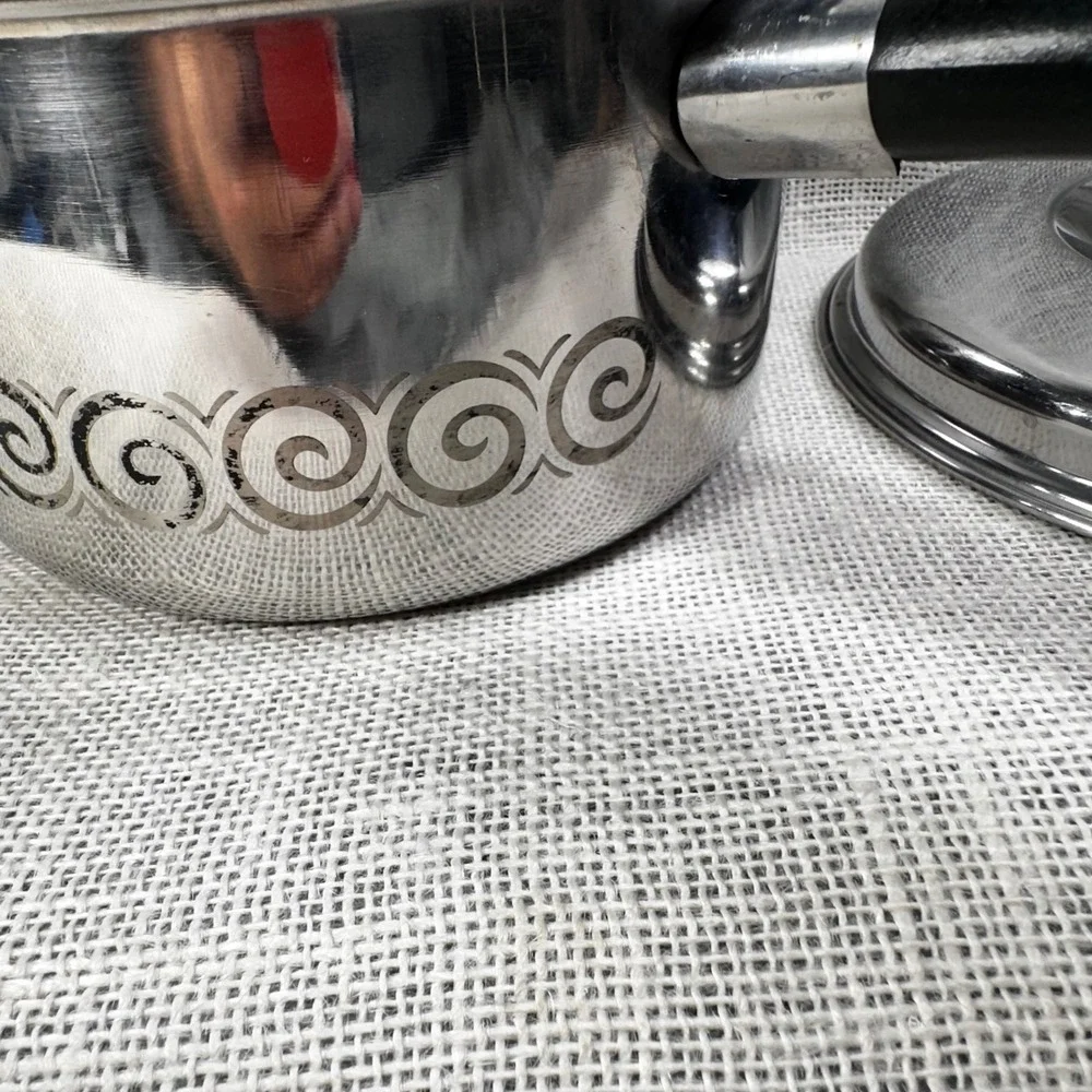 Vintage EKCO 2 Qt Stainless Steel‎ Saucepan Black Scroll MCM Retro w 2 Lids